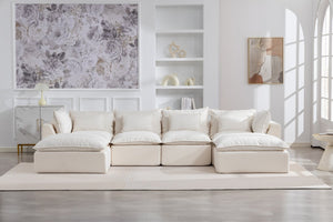 English Elm 129.8" Wide Modular Cloud Sectional Cotton Linen Sofa with Deep Foam Seats and Ottomans Antique White W2530S00016