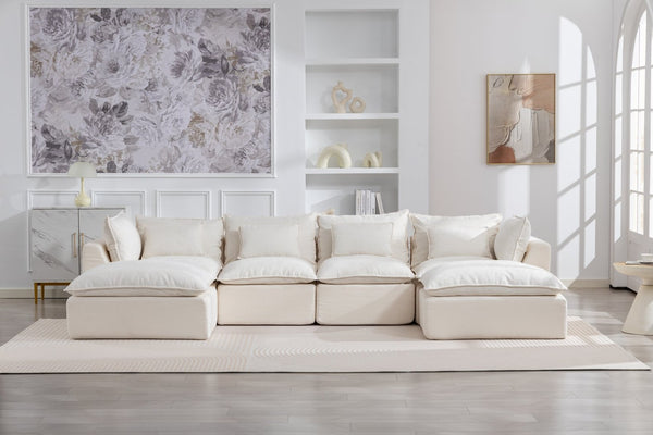 English Elm 129.8" Wide Modular Cloud Sectional Cotton Linen Sofa with Deep Foam Seats and Ottomans Antique White W2530S00016