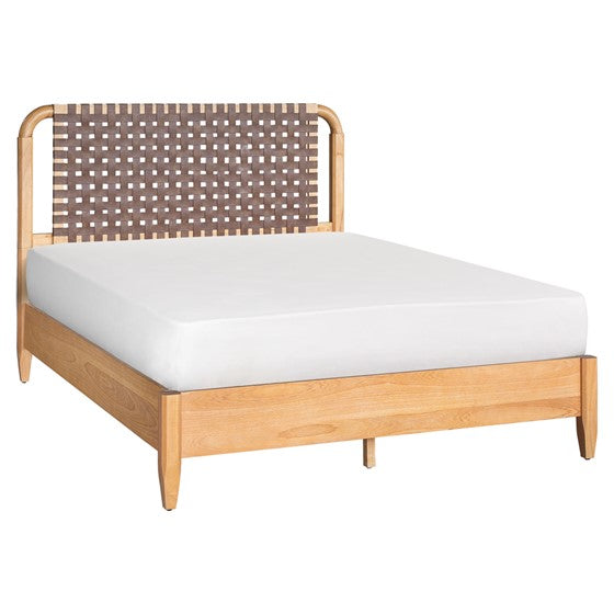English Elm Woven Faux Leather Queen Bed with Caramel Maple Wood Frame, PU Upholstery, 6" Clearance & Sturdy Design B035S00058