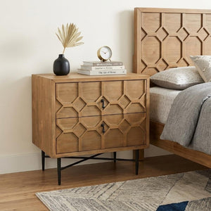 26 Inch Solid Wood Iron Accent Nightstand with Geometric Carvings and Two Storage Drawers