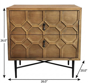 26 Inch Solid Wood Iron Accent Nightstand with Geometric Carvings and Two Storage Drawers