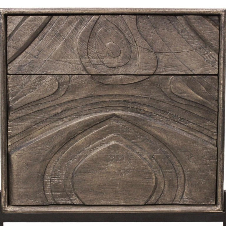 HomeRoots 24 Inch Ash Gray Solid Wood Carved Nightstand with Artisan Distressed Finish 763366