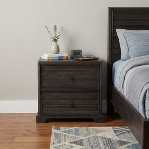 24 Inch Solid Wood Nightstand with Geometric Carvings and Two Drawers in Umber