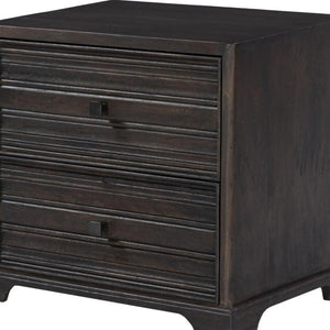 24 Inch Solid Wood Nightstand with Geometric Carvings and Two Drawers in Umber