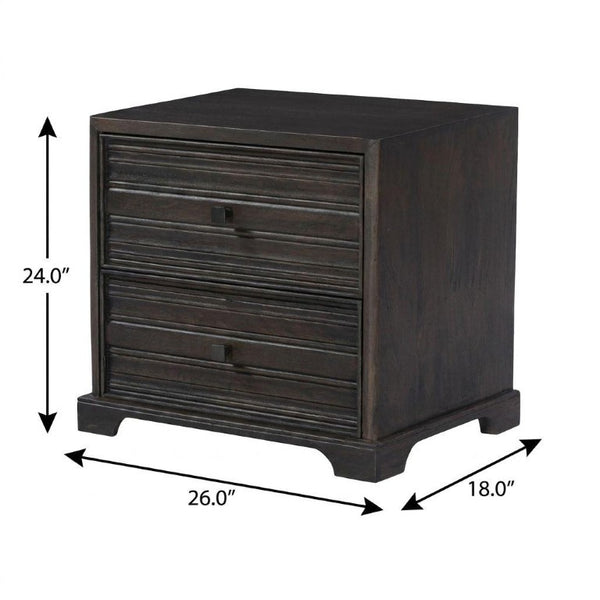 24 Inch Solid Wood Nightstand with Geometric Carvings and Two Drawers in Umber