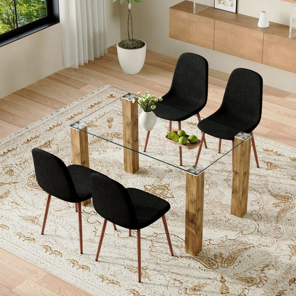 English Elm Table And Chair Set - Modern 49.6" Tempered Glass Dining Table With 4 Comfortable Black Linen Chairs W1151S03515-GIGA