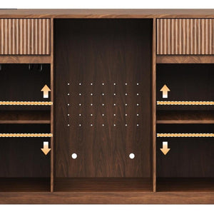 53 Inch Wood Ribbed Bar Cabinet with Dual Doors and Drawers for Stylish Home Entertaining