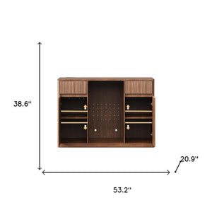 53 Inch Wood Ribbed Bar Cabinet with Dual Doors and Drawers for Stylish Home Entertaining