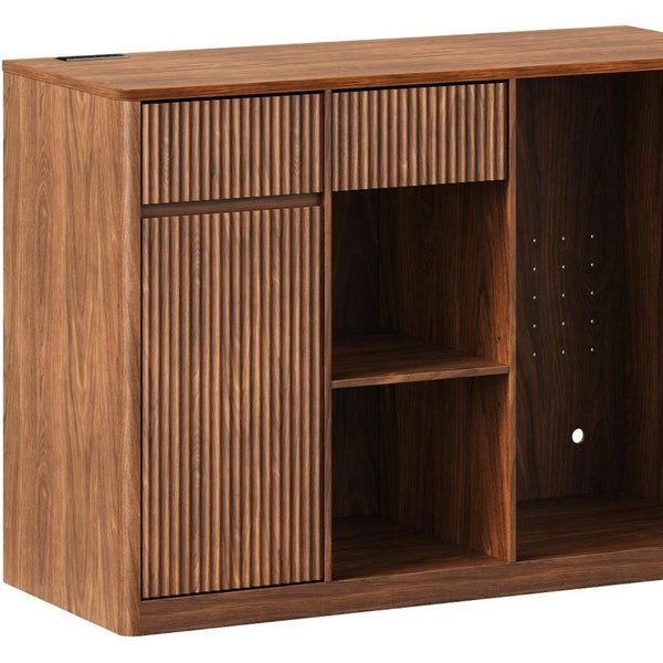 51 Inch Ribbed Wood Bar Cabinet with Single Door and Two Drawers for Stylish Home Storage