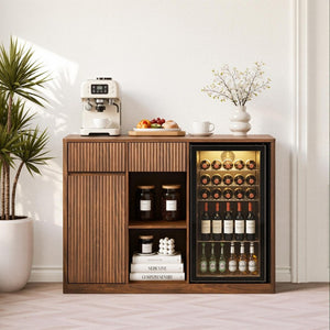 51 Inch Ribbed Wood Bar Cabinet with Single Door and Two Drawers for Stylish Home Storage