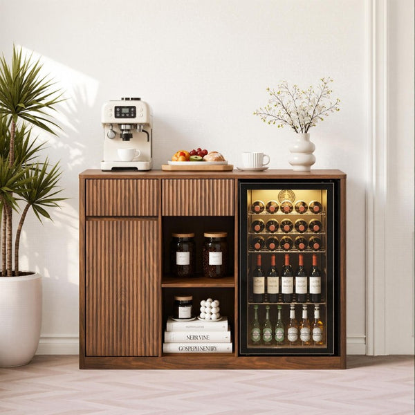 51 Inch Ribbed Wood Bar Cabinet with Single Door and Two Drawers for Stylish Home Storage
