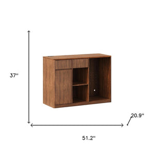 51 Inch Ribbed Wood Bar Cabinet with Single Door and Two Drawers for Stylish Home Storage