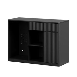 51 Inch Ribbed Wood Bar Cabinet with Single Door and Two Drawers for Stylish Home Storage
