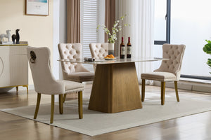 English Elm Mid-Century Lion Head Pull Ring Velvet Dining Chair with Tufted Cushion, Gold Wood Legs, Nailhead Trim Beige W1143P233644