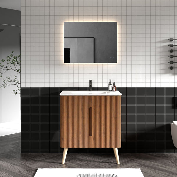 English Elm U094-Etna30F-305 Striped Walnut 30" Bathroom Vanity with Sink, Curved Edges, Soft-Close Doors, Storage W1865S00060