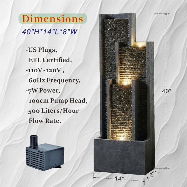 English Elm 40 Inch Outdoor Cascading Resin Fountain with Warm Led Lights for Patio Garden W853P412656