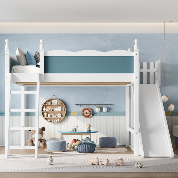 English Elm Queen Loft Bed With Storage Shelves, Fun Detachable Slide, Solid Wood Design, Blue & White Finish W1580S00249-GIGA