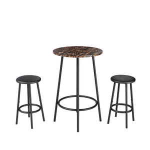 English Elm 3-Piece Bar Table Set with 2 Stools — Space-Saving 36" Round Breakfast Bar, Marble Look Top, Sturdy Frame Brown+Black W578P357541