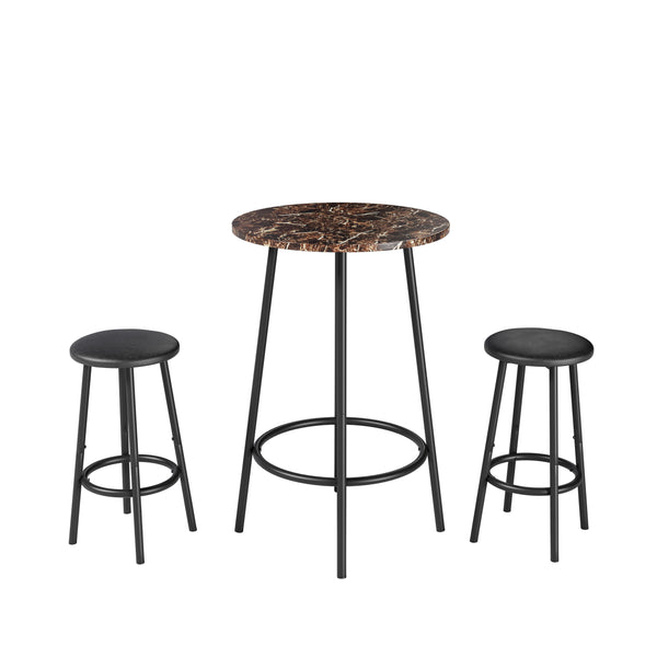 English Elm 3-Piece Bar Table Set with 2 Stools — Space-Saving 36" Round Breakfast Bar, Marble Look Top, Sturdy Frame Brown+Black W578P357541