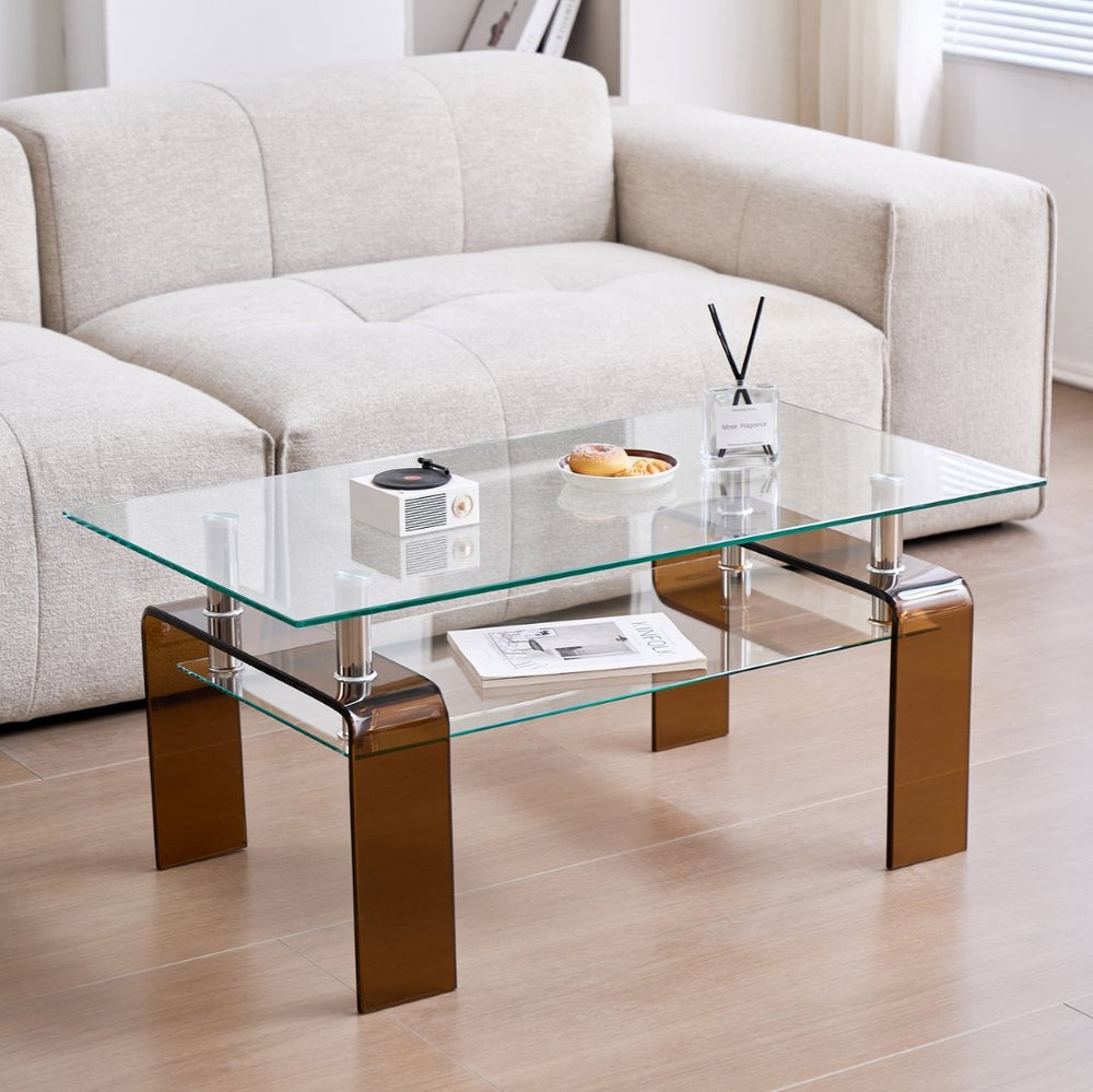 English Elm Tempered Glass Coffee Table - Modern 2-Tier Design With Stylish Brown Legs For Living Room Elegance W1718P253273-GIGA