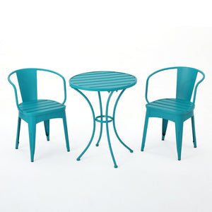 English Elm Colmar Outdoor Iron Bistro Set Powder Coated Slatted Armchairs Round Patio Table Teal 56558.00MCT