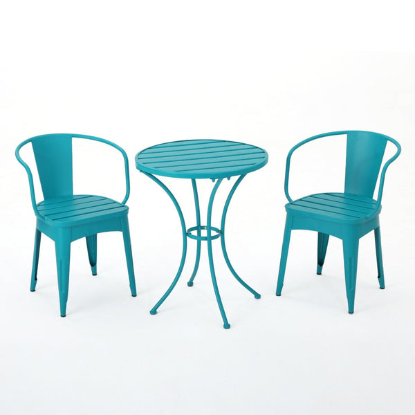 English Elm Colmar Outdoor Iron Bistro Set Powder Coated Slatted Armchairs Round Patio Table Teal 56558.00MCT