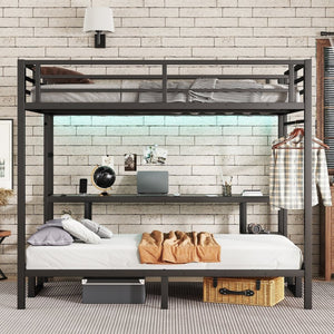 English Elm Queen Metal Bunk Bed With Desk & Usb, Versatile Loft Design Folds To Sofa, Led Lighting, Black W1580S00086-GIGA