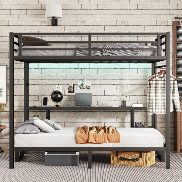 English Elm Queen Metal Bunk Bed With Desk & Usb, Versatile Loft Design Folds To Sofa, Led Lighting, Black W1580S00086-GIGA