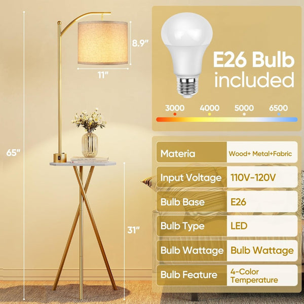 English Elm Floor Lamp with Built-in Side Table Usb Charging Remote Dimming for Living Room Golden W3355P440807