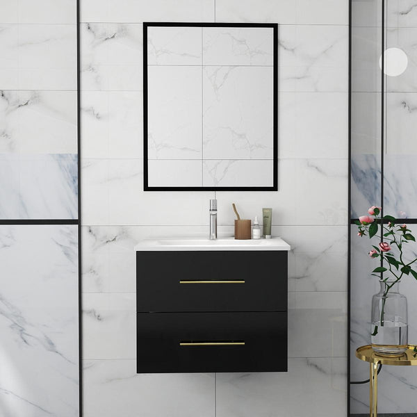 English Elm 24-Inch Modern Wall-Mounted Bathroom Vanity With Sink & Mirror, Elegant Gold Handles, 2 Drawers W3151S00037