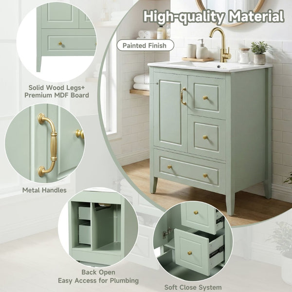 English Elm [video] 24 Inch Farmhouse Bathroom Vanity with Sink Pine Wood Mdf Soft Close Storage N759P415299G