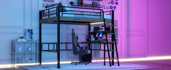 English Elm Metal Full Size Loft Bed with LED Light, Built-In Full-Length Desk, Storage Shelf & Ladder — Space-Saving Industrial Black, Sturdy Metal Frame for Study & Sleep GX001120AAB