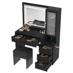 English Elm 43.5" Fluted Black Makeup Vanity with Lighted Mirror Charging Station and Storage Stool N704P340248B