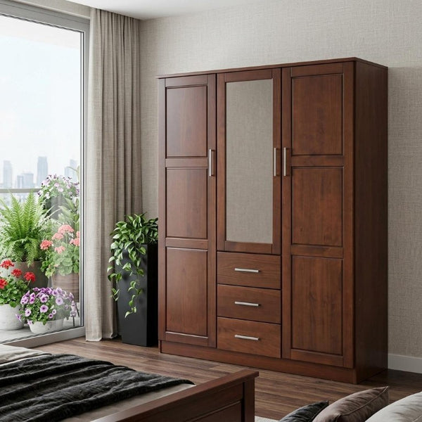 72 Inch Solid Wood Triple Door Mirrored Dresser with Three Drawers for Elegant Bedrooms