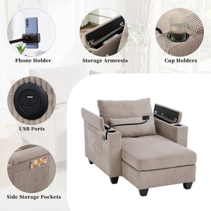 English Elm Convertible Chaise Lounge Sofa Chair & Bed - Corduroy With Usb Ports, Cup Holders & Storage Space N719S002021D