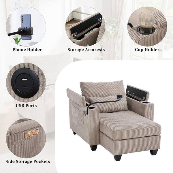 English Elm Convertible Chaise Lounge Sofa Chair & Bed - Corduroy With Usb Ports, Cup Holders & Storage Space N719S002021D