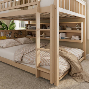 English Elm Full Over Bunk Bed with Led Lighting Pegboard Shelving and Pine Wood Frame Beige LT000278AAA