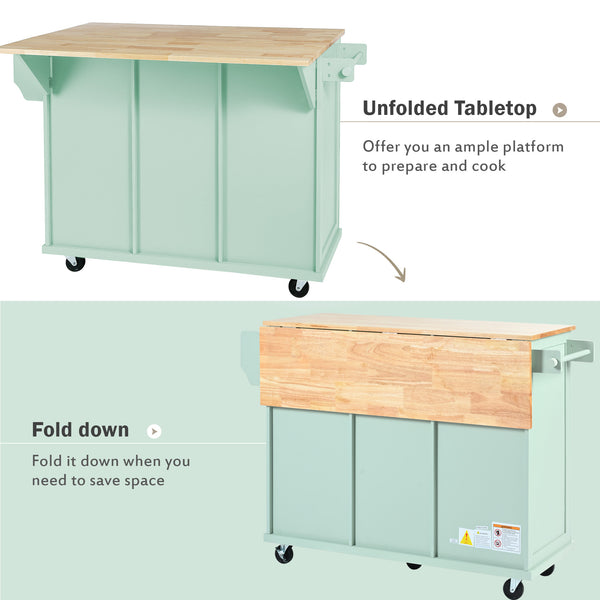 English Elm Kitchen Cart with Drop-Leaf Rubberwood Countertop, Rolling Island with Cabinet, Drawers & Racks for Dining Room - Stylish Durable Storage Solution Mint Green WF298028AAE