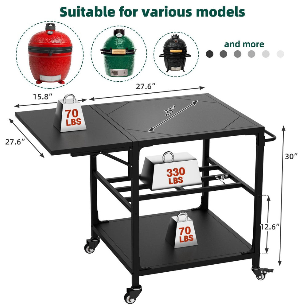 English Elm Outdoor Kamado Grill Cart with Folding Prep Surface Hooks Wheels and Storage Shelf W3190P416753
