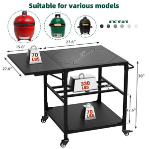 English Elm Outdoor Kamado Grill Cart with Folding Prep Surface Hooks Wheels and Storage Shelf W3190P416753