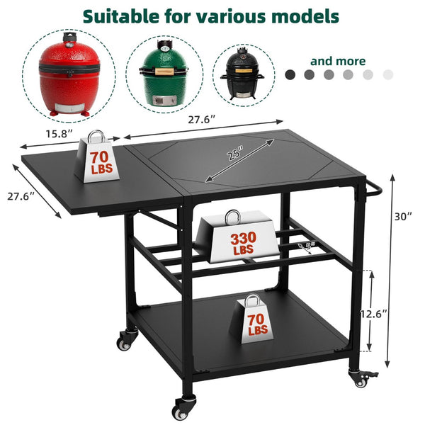 English Elm Outdoor Kamado Grill Cart with Folding Prep Surface Hooks Wheels and Storage Shelf W3190P416753