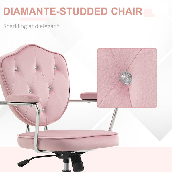 English Elm Homcom Glamorous Pink Velvet Swivel Office Chair With Rhinestone Accents For Stylish Comfort & Mobility W2225P250016