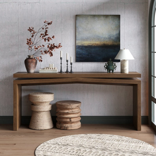 English Elm 65-inch Rustic Wood Veneer Console Table Farmhouse Sled Base Entryway Sofa Hall Deep Rustic Brown W1445P411140