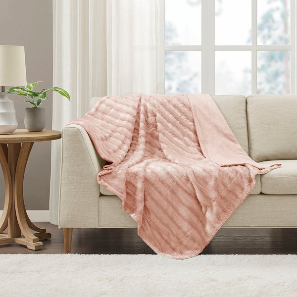 JLA Home Madison Park - Long Faux Fur Throw with Silky Micro-Fur Reverse, OEKO-TEX Certified, Lightweight Cozy 50x60 Inches Blush MP50-4823