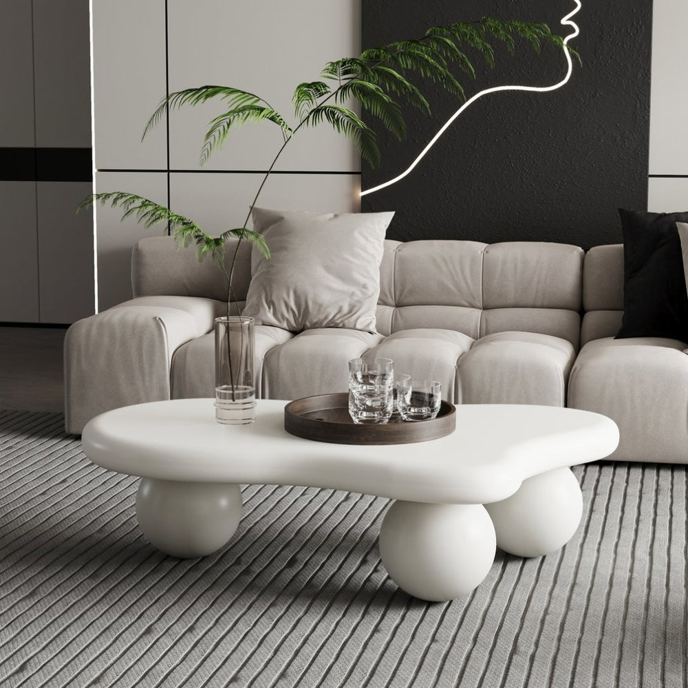 English Elm 40 Inch Organic Cloud Silhouette Coffee Table with Ball Legs Cream White Mdf Top W1435S00020