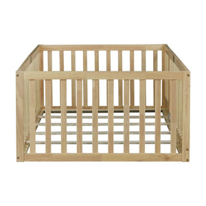 English Elm Twin House Frame Floor Bed Rubberwood with Roof Canopy and Safety Rails for Kids Natural W504P429539
