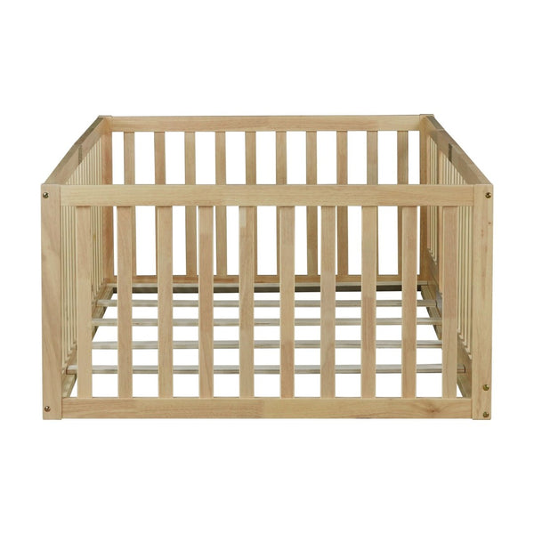 English Elm Twin Montessori Floor Bed Solid Rubber Wood with Safety Fence Rails Toddler Room W504P411198