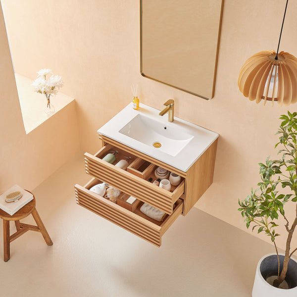 English Elm 30" Tiered Wall Mounted Floating Single Vanity with Ceramic Sink, Plywood Durability & Storage Nook W1826P255391