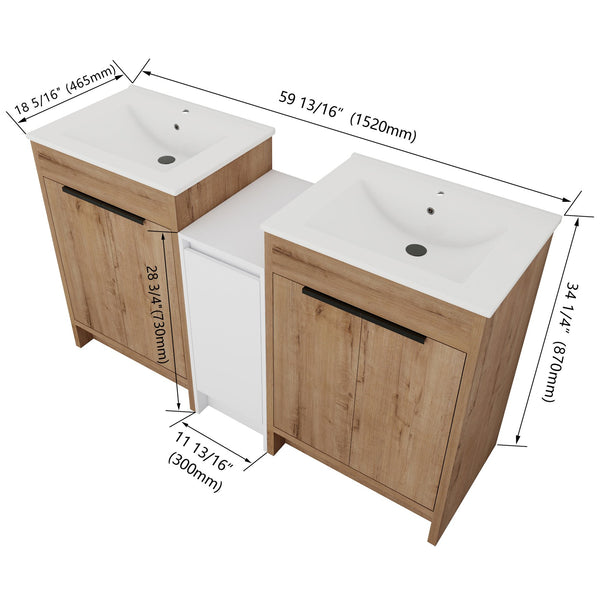 English Elm 60 Inch Freestanding Bathroom Vanity With Ceramic Sink, Soft-Close Doors & Ample Storage Solutions W999S00321