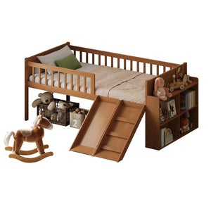 English Elm Twin Platform Kids Bed with Slide Ladder Guardrails Storage Shelf Wood Frame Walnut N733S415411M